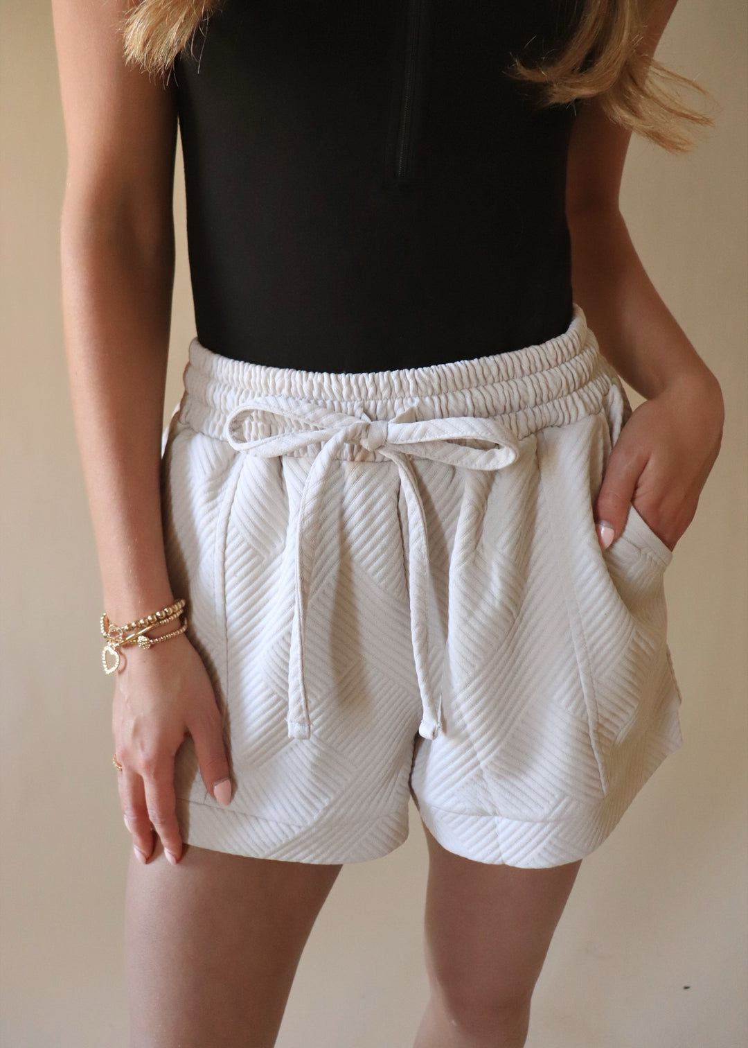 Textured Drawstring Shorts in Sand Beige