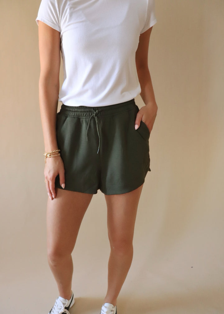 Scuba Elastic Waist Shorts in Dark Olive