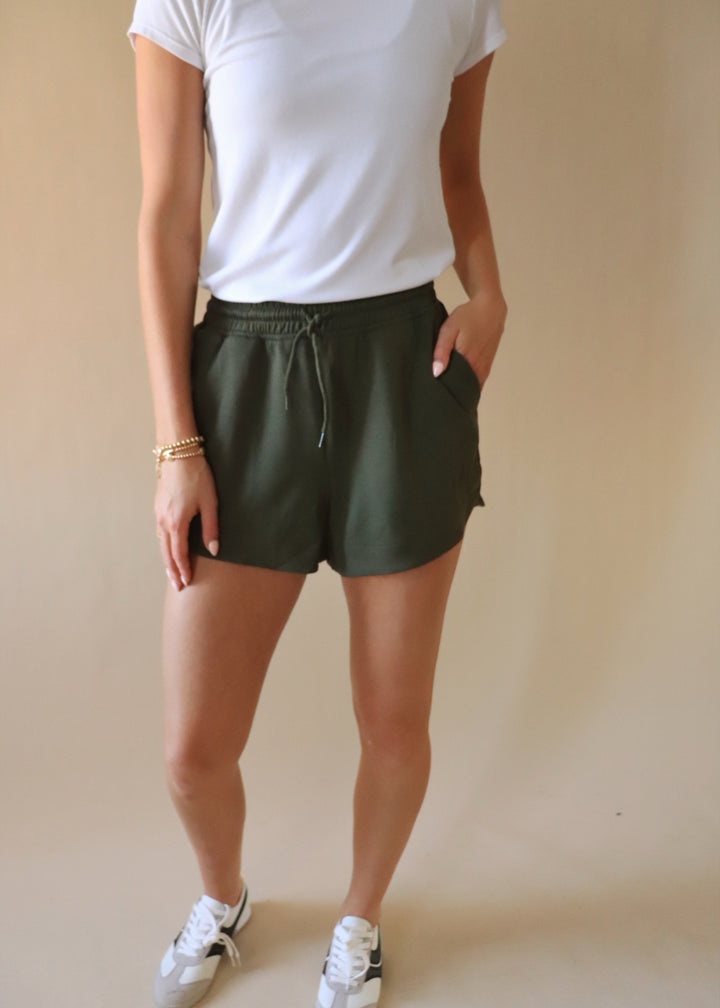 Scuba Elastic Waist Shorts in Dark Olive