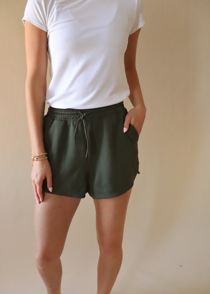 Scuba Elastic Waist Shorts in Dark Olive
