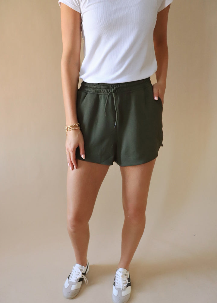 Scuba Elastic Waist Shorts in Dark Olive