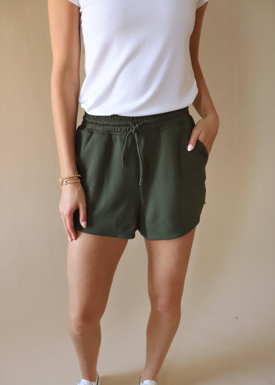 Scuba Elastic Waist Shorts in Dark Olive