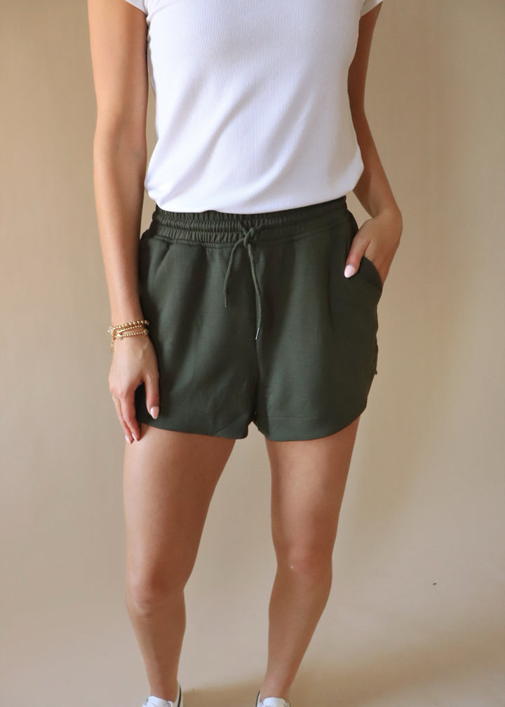 Scuba Elastic Waist Shorts in Dark Olive