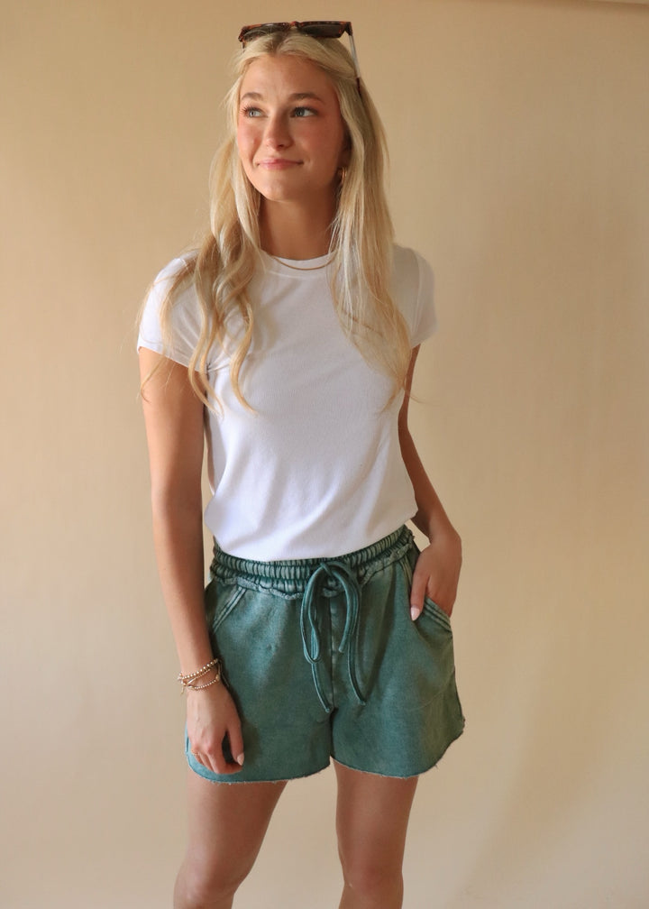 Acid Wash Fleece Drawstring Shorts in Dark Green