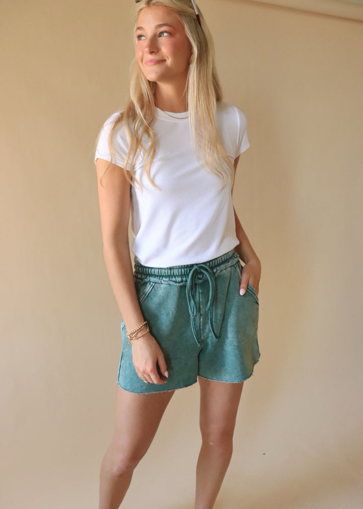 Acid Wash Fleece Drawstring Shorts in Dark Green