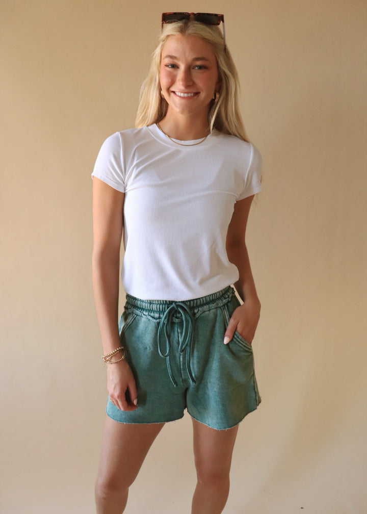 Acid Wash Fleece Drawstring Shorts in Dark Green