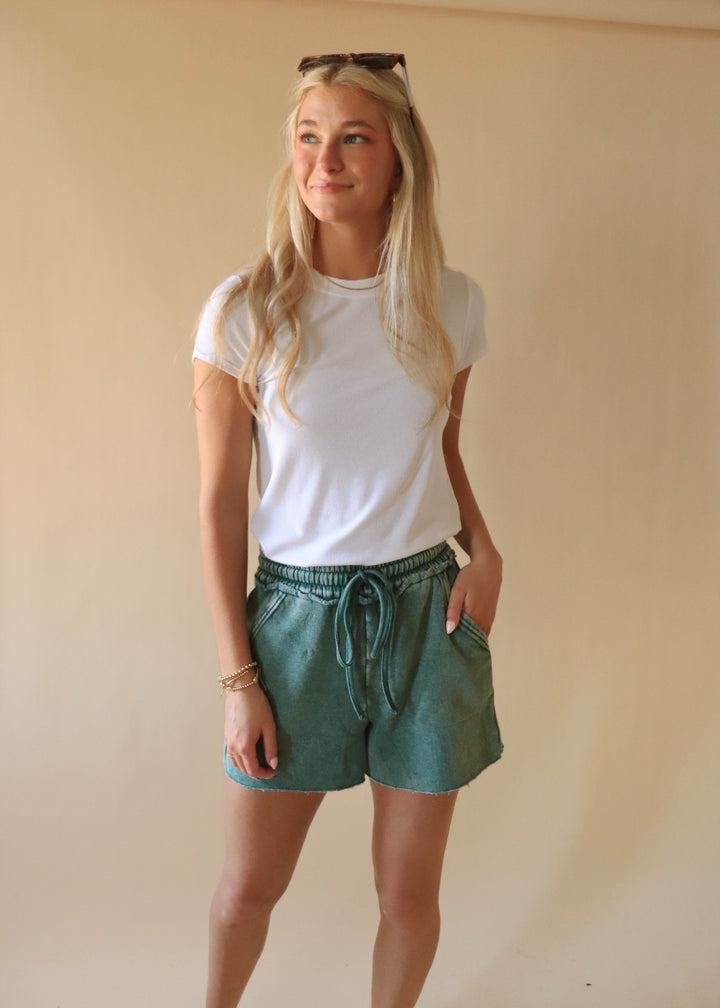 Acid Wash Fleece Drawstring Shorts in Dark Green