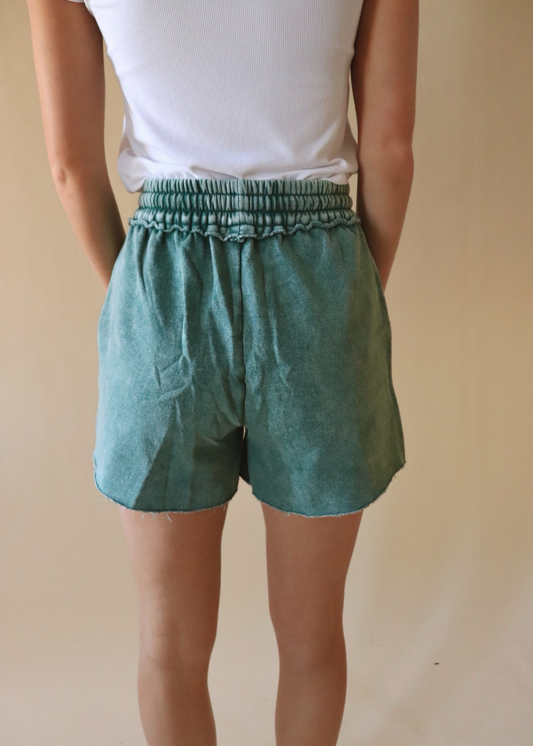 Acid Wash Fleece Drawstring Shorts in Dark Green