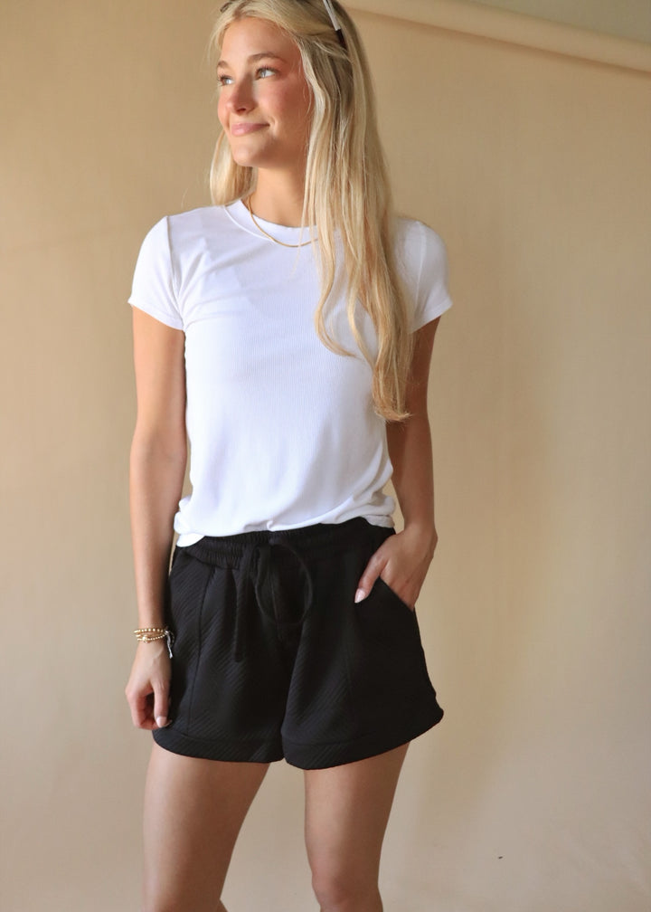 Textured Drawstring Shorts in Black