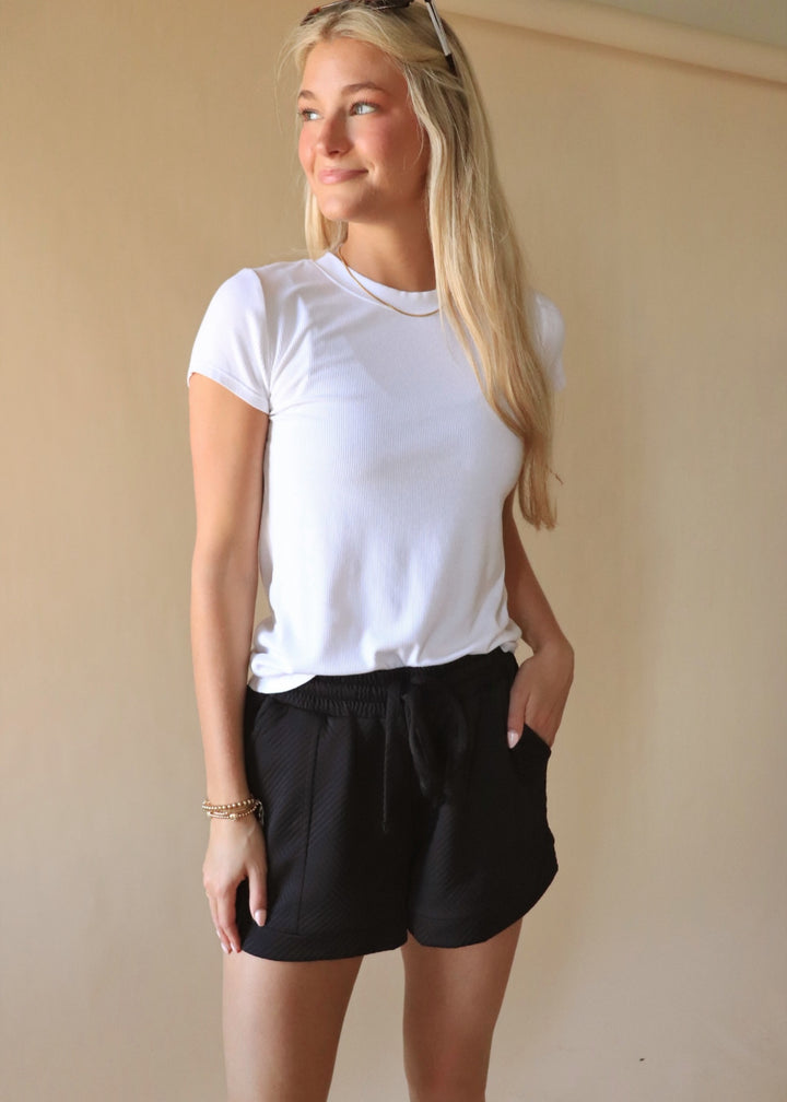 Textured Drawstring Shorts in Black