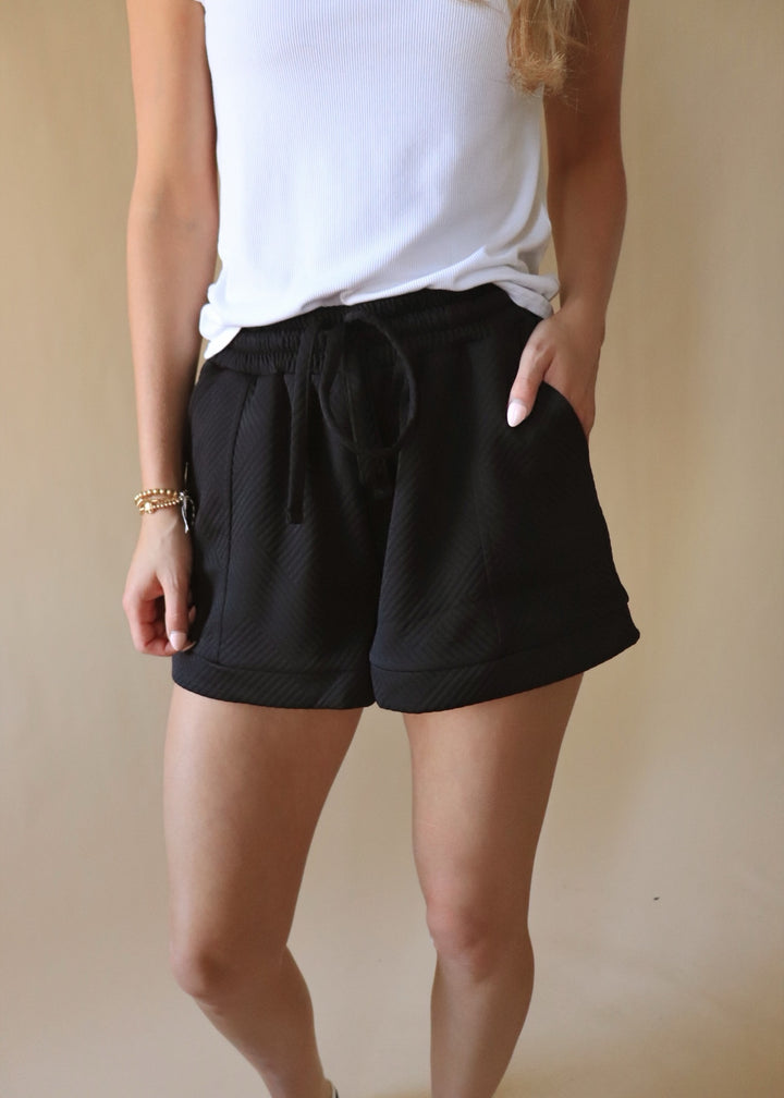 Textured Drawstring Shorts in Black