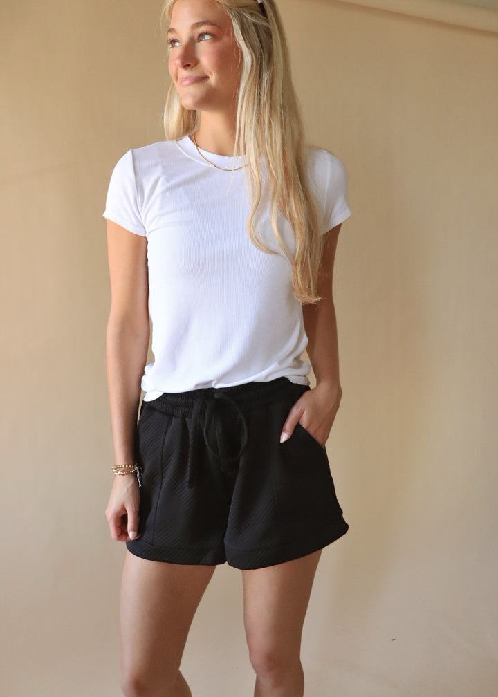 Textured Drawstring Shorts in Black