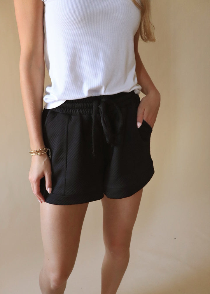Textured Drawstring Shorts in Black