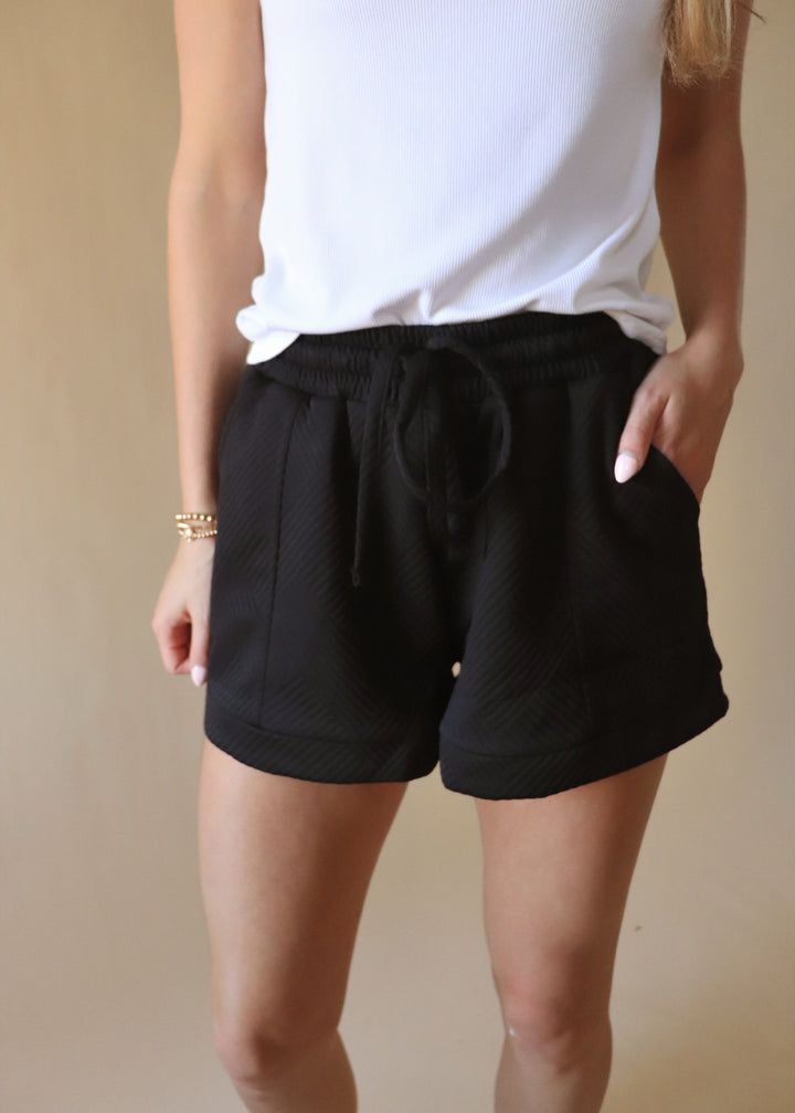 Textured Drawstring Shorts in Black