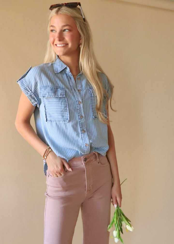 RESTOCK Powder Blue Chambray Top