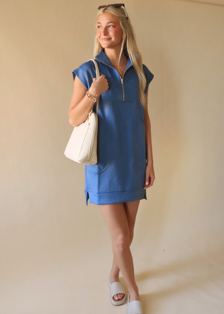 Textured Quarter Zip Dress in Dusty Blue