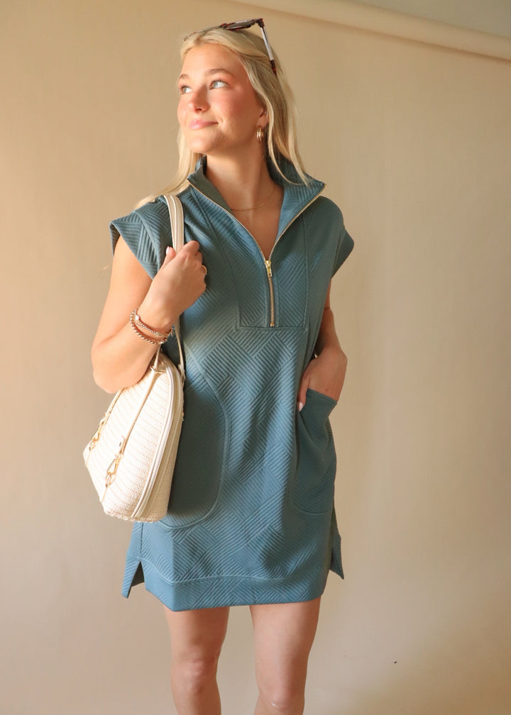 Textured Quarter Zip Dress in Ash Jade