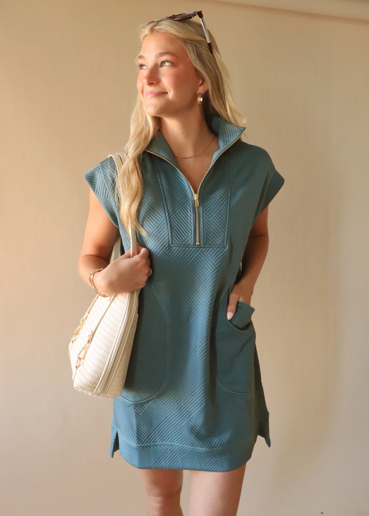 Textured Quarter Zip Dress in Ash Jade