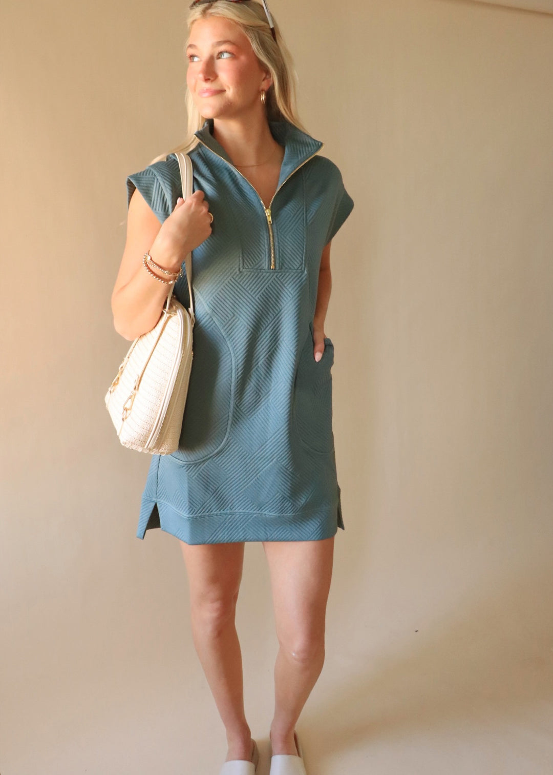 Textured Quarter Zip Dress in Ash Jade