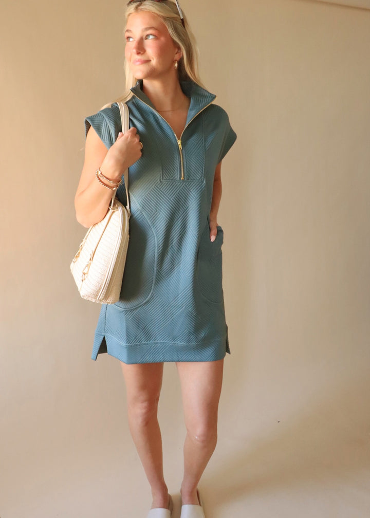 Textured Quarter Zip Dress in Ash Jade