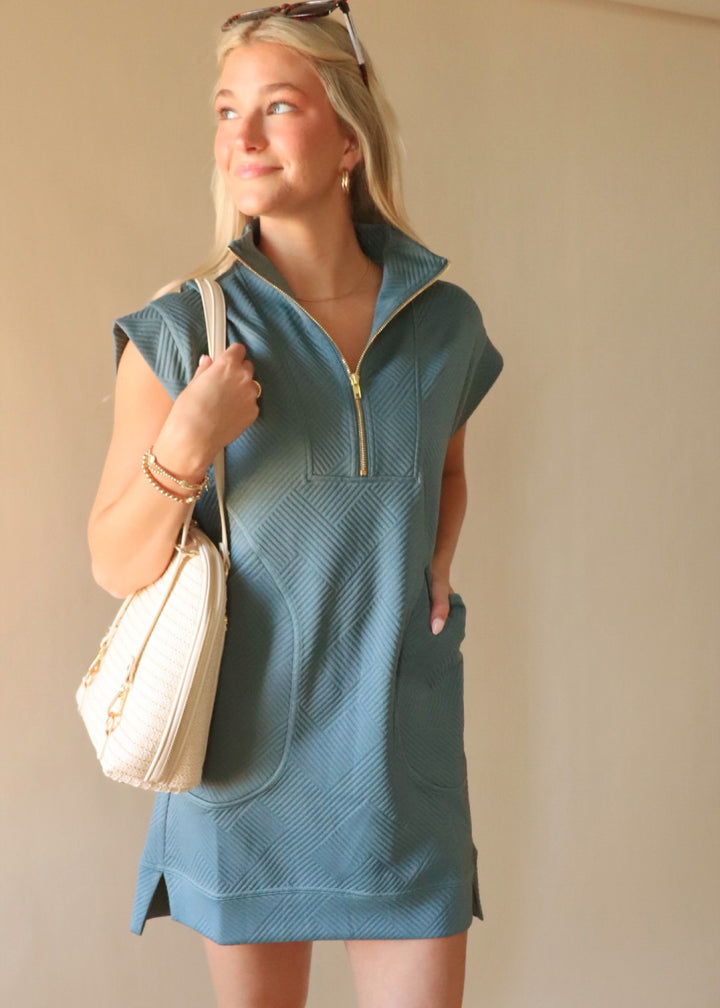 Textured Quarter Zip Dress in Ash Jade