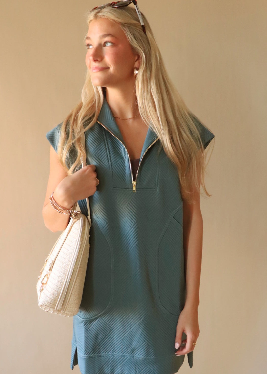 Textured Quarter Zip Dress in Ash Jade