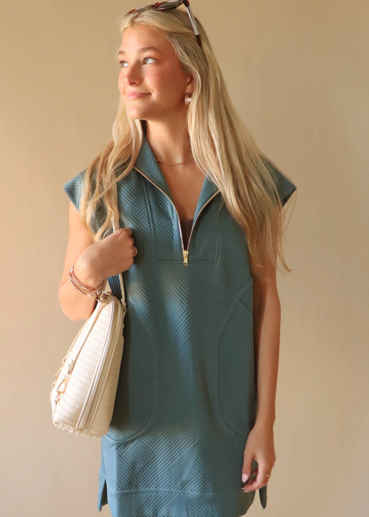 Textured Quarter Zip Dress in Ash Jade