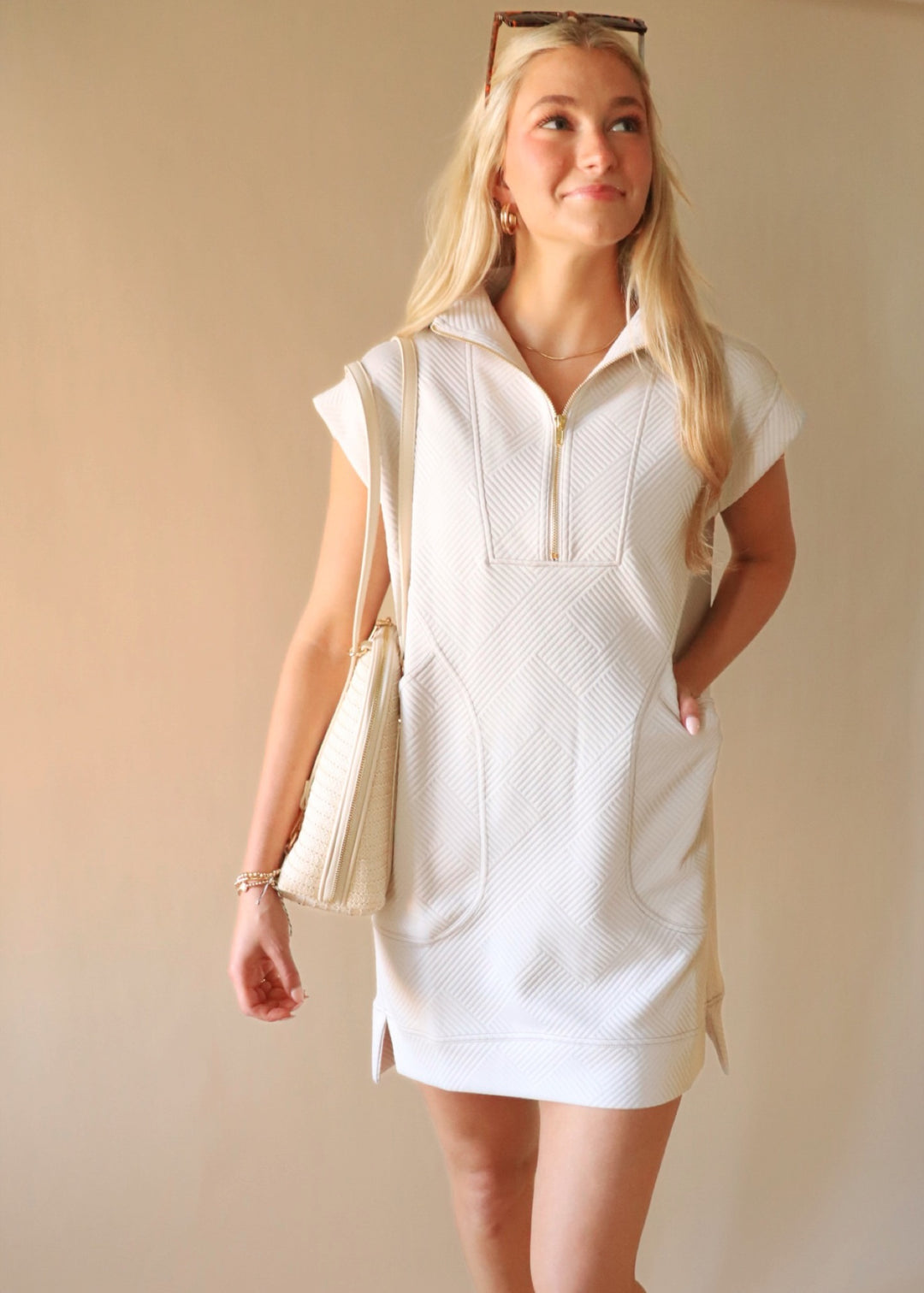 Textured Quarter Zip Dress in Sand Beige