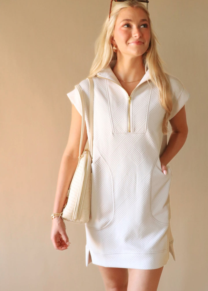 Textured Quarter Zip Dress in Sand Beige