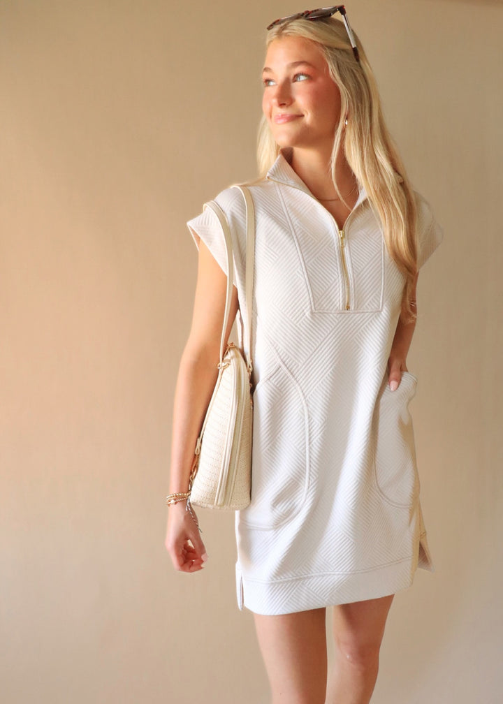 Textured Quarter Zip Dress in Sand Beige