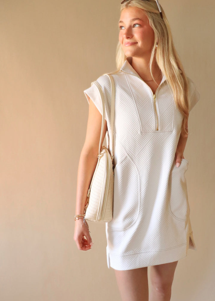 Textured Quarter Zip Dress in Sand Beige