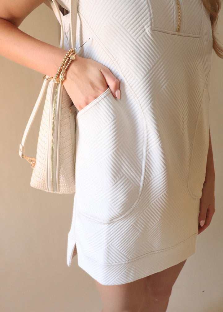 Textured Quarter Zip Dress in Sand Beige