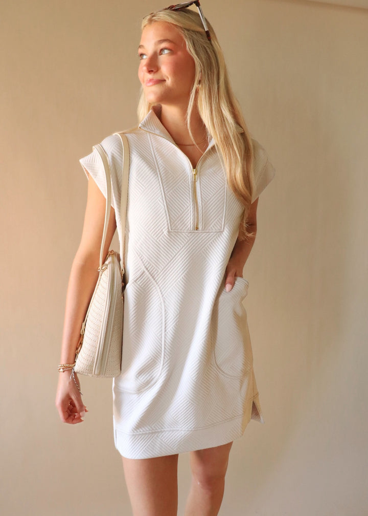 Textured Quarter Zip Dress in Sand Beige