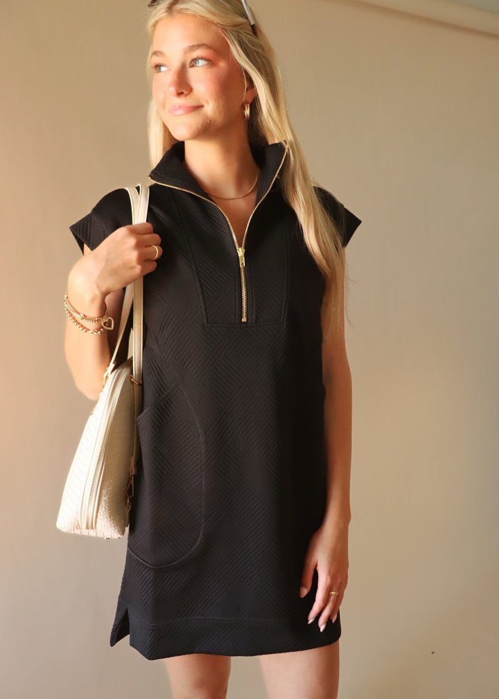 Textured Quarter Zip Dress in Black