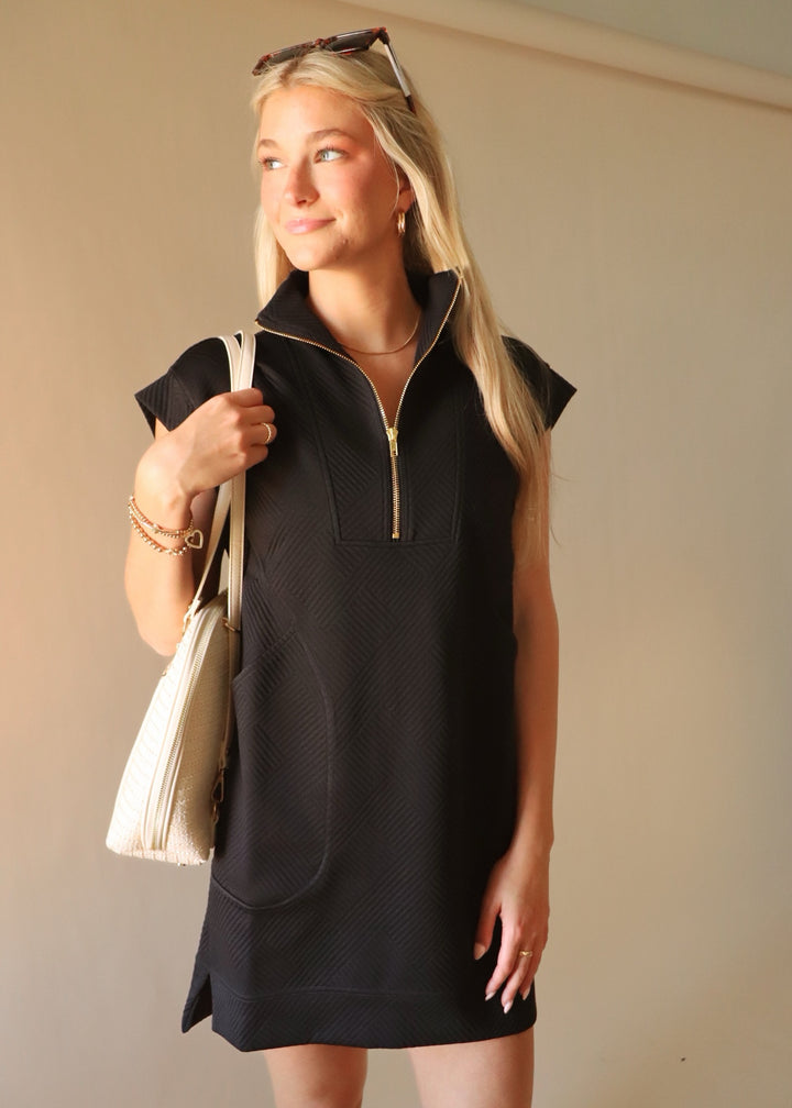 Textured Quarter Zip Dress in Black