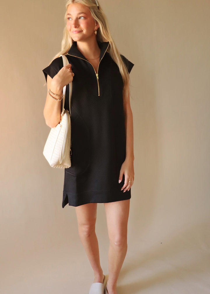 Textured Quarter Zip Dress in Black