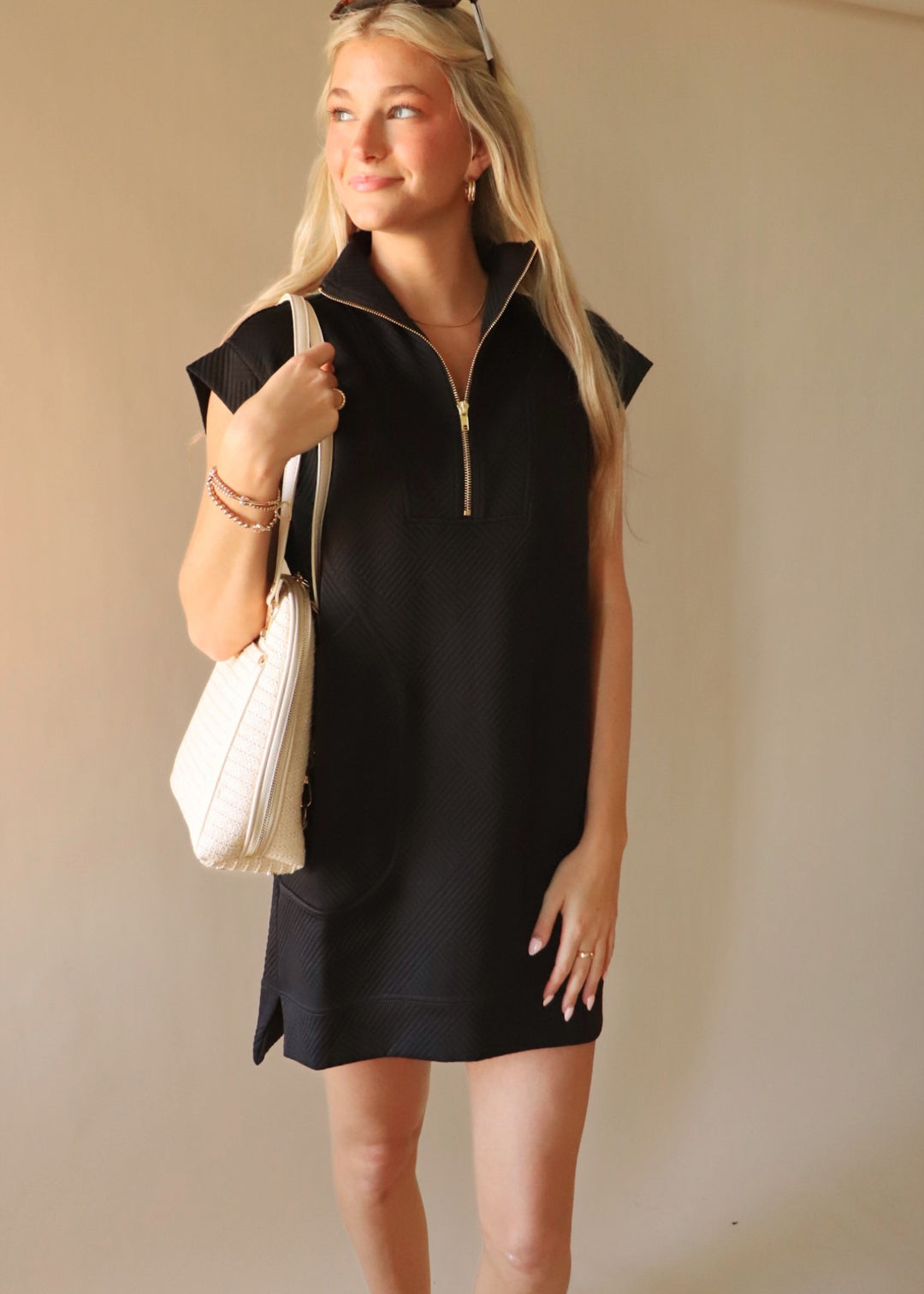 Textured Quarter Zip Dress in Black