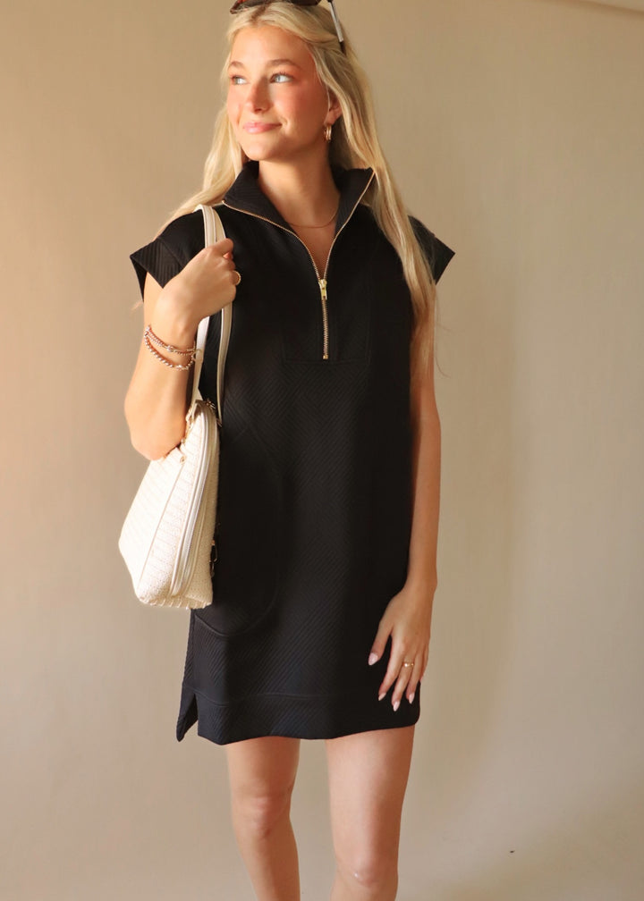 Textured Quarter Zip Dress in Black