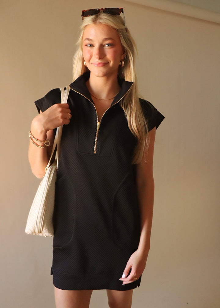 Textured Quarter Zip Dress in Black