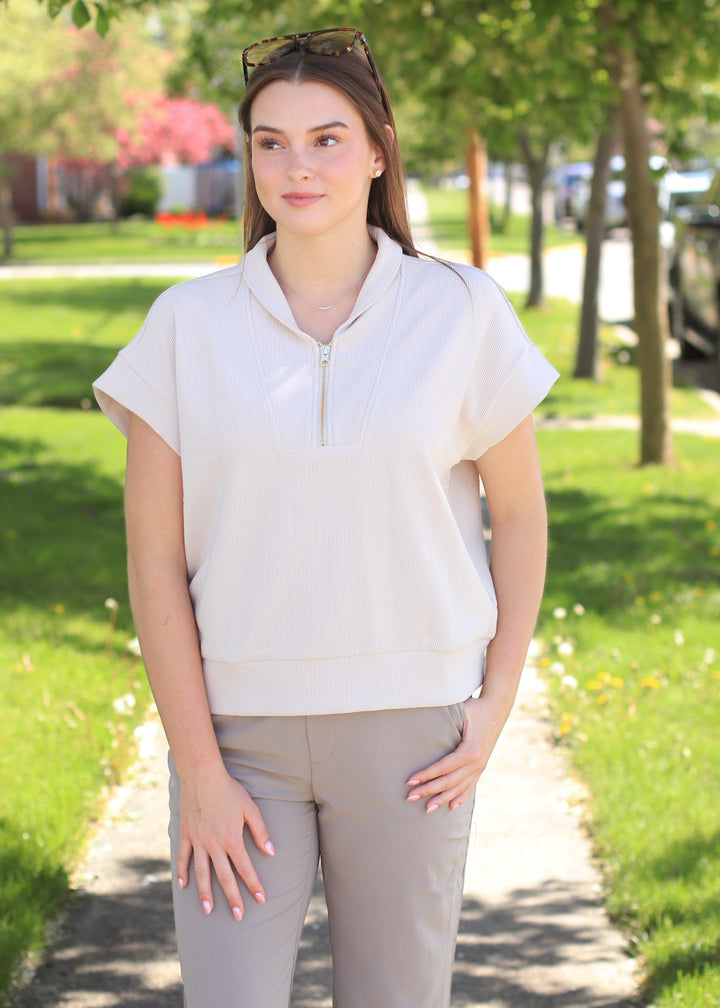 Mariah Ribbed  Half Zip in. Sand Beige