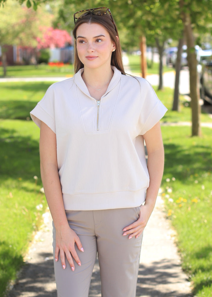 Mariah Ribbed  Half Zip in. Sand Beige