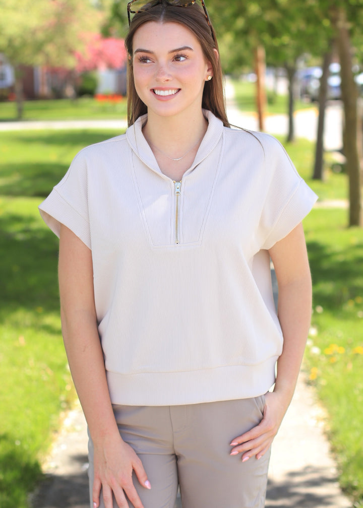 Mariah Ribbed  Half Zip in. Sand Beige