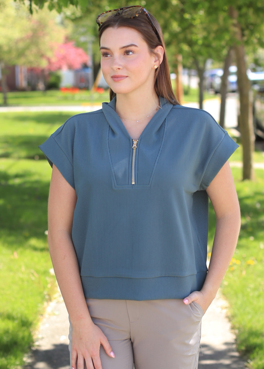 Mariah Ribbed  Half Zip in Ash Jade