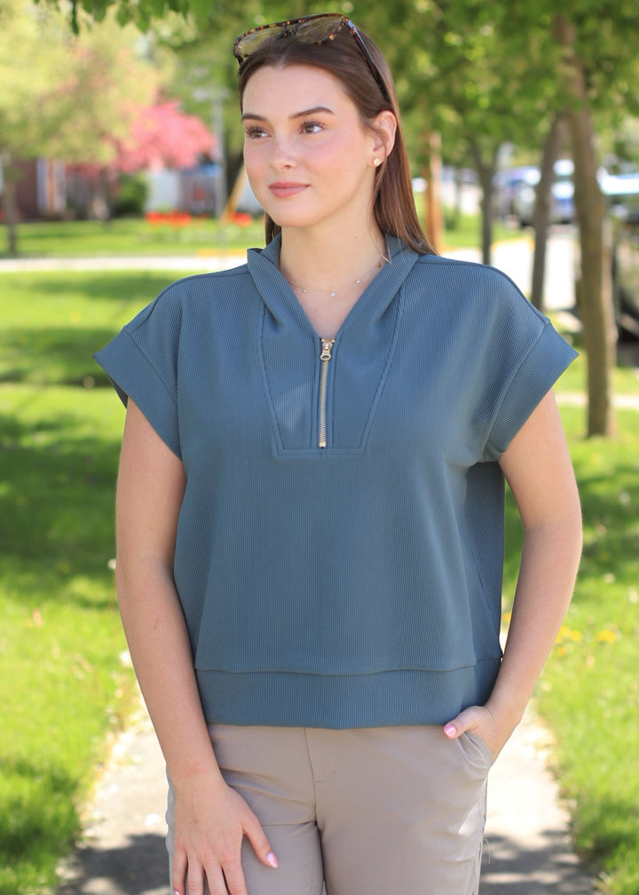Mariah Ribbed  Half Zip in Ash Jade