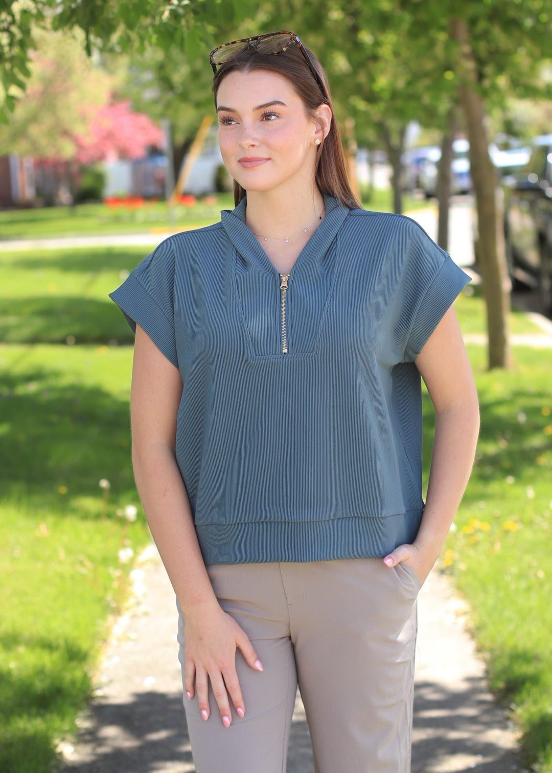Mariah Ribbed  Half Zip in Ash Jade