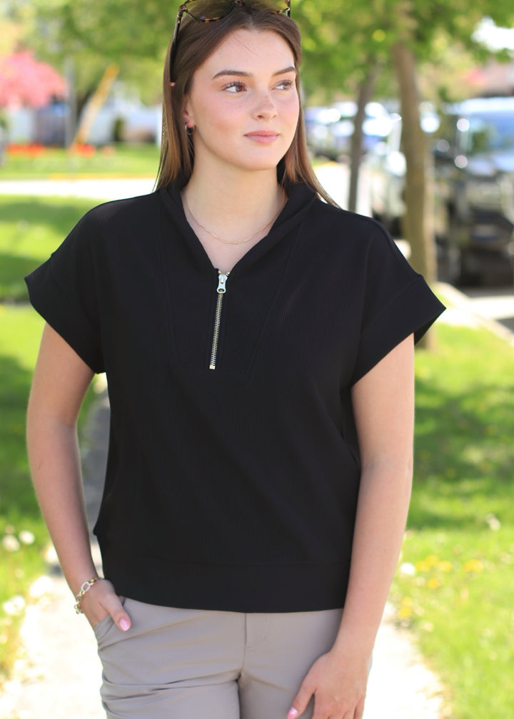 Mariah Ribbed  Half Zip in Black
