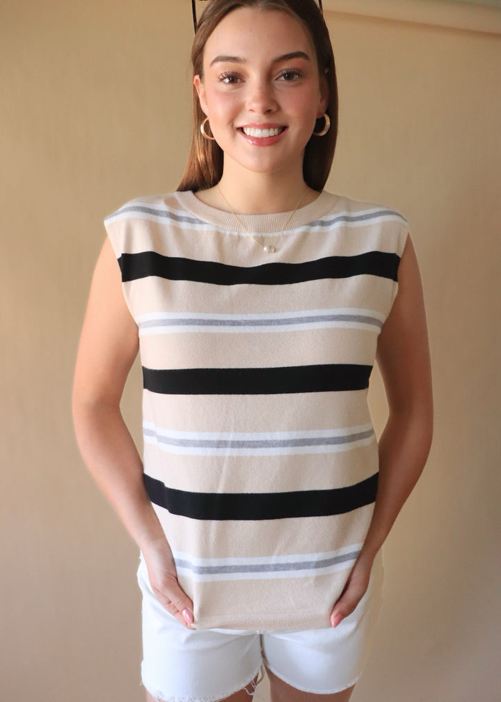 Tallis Striped Sleeveless Top in Taupe