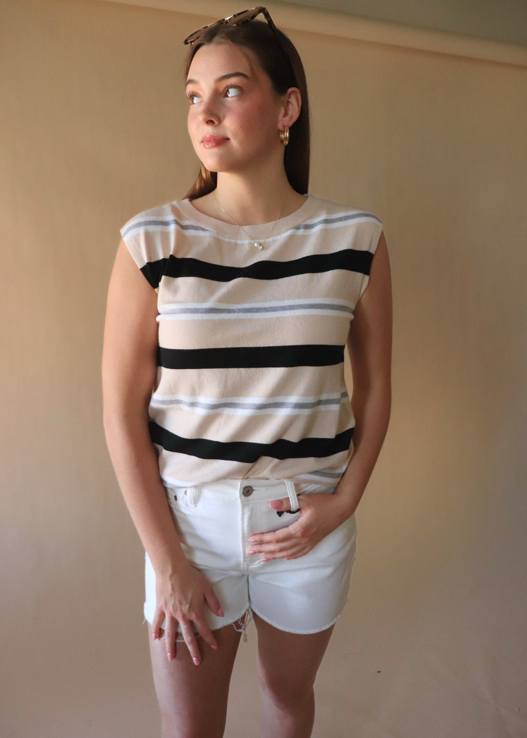 Tallis Striped Sleeveless Top in Taupe
