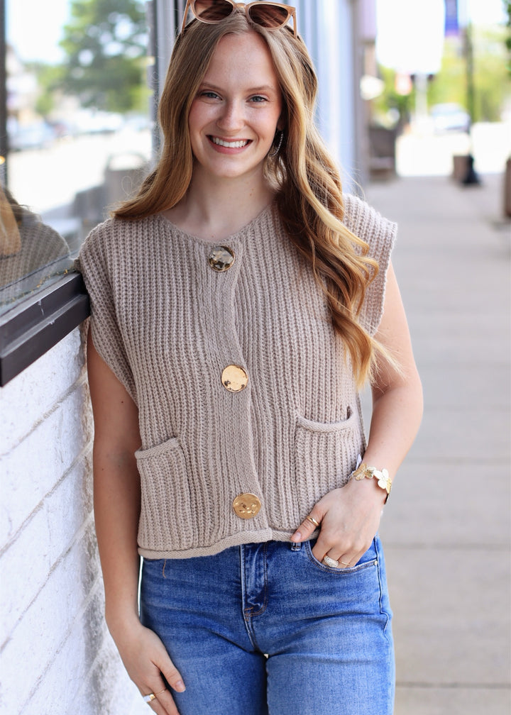 Stone Big Metal Button Front Sweat Vest