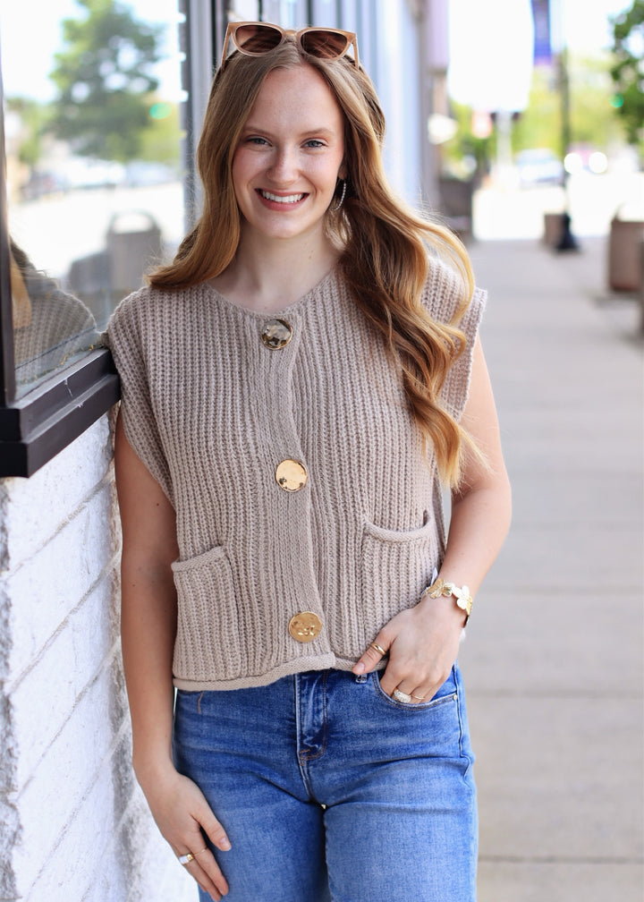 Stone Big Metal Button Front Sweat Vest
